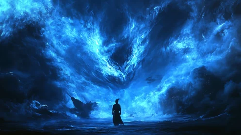 Silhouetted figure studies turbulent luminescent blue nebular vortex