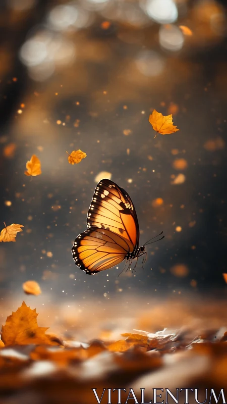 Monarch butterfly moves above fallen leaves in soft focus
