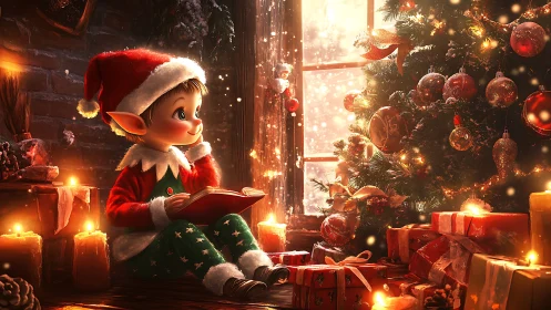 Elf reading book beside decorated indoor Christmas tree.