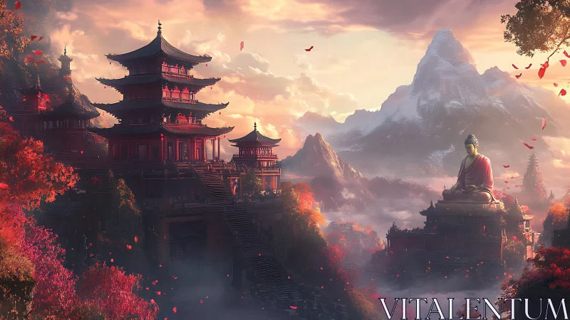 Sunlit mountain temple complex frames monumental Buddha calmly