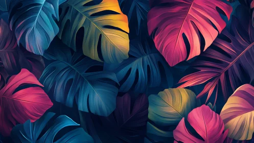 Vibrant tropical monstera leaves glow against deep navy ground