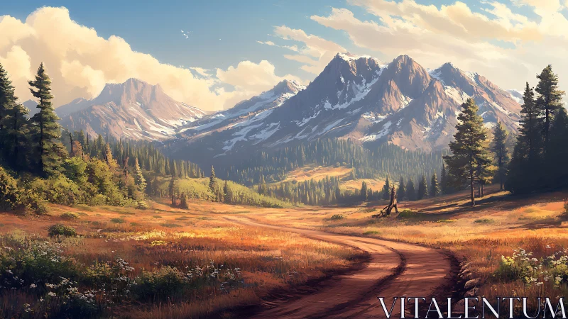 Sunlit dirt road winding toward distant alpine peaks.