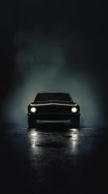 Classic muscle car front view on dark wet night street.
