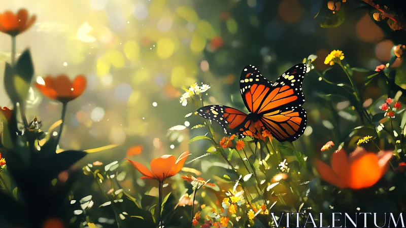 Monarch butterfly in shallow-depth bokeh garden illumination