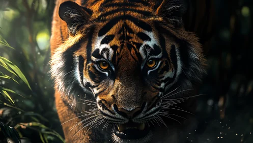 Close tiger portrait in dense jungle with intense gaze.
