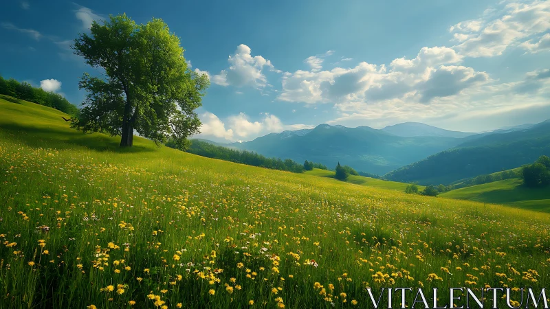 Mountain valley meadow stretches under clear daylight sky