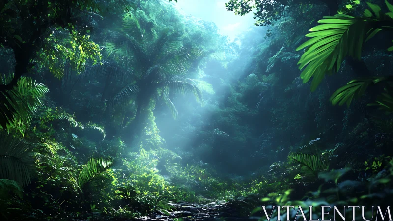 Luminescent Rainforest Canopy with Atmospheric Volumetric Lighting Through Dense Vegetation
