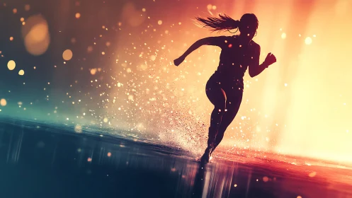Backlit runner silhouette sprints through water with bokeh spray