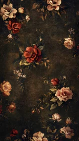 Vintage floral tapestry with dark rustic rose bouquets.