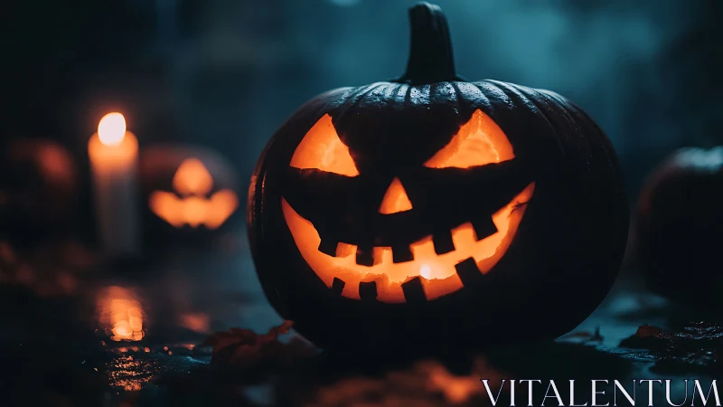 Carved jack o lantern on wet ground with candle bokeh backdrop.