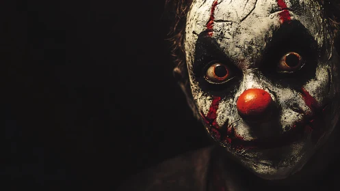 Disturbing closeup portrait of a sinister clown face.
