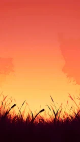 Silhouetted grass lines lower edge under orange gradient sky