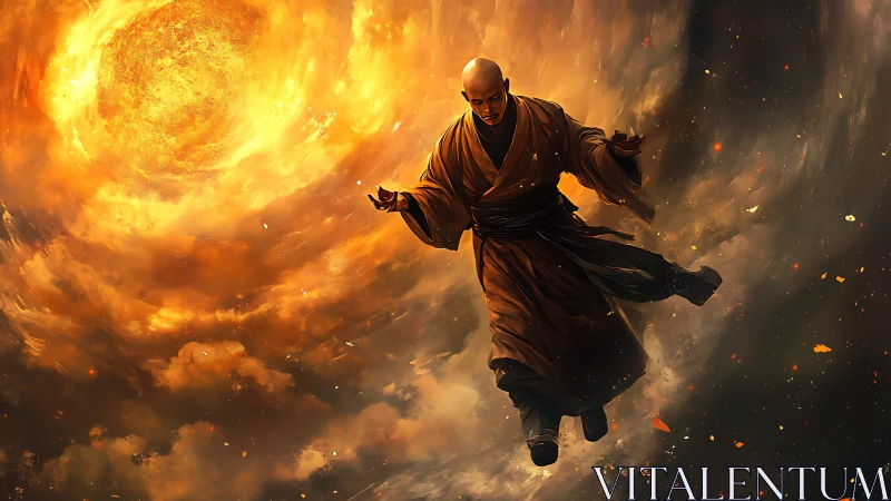 Solar vortex engulfs levitating monk in dynamic digital chiaroscuro