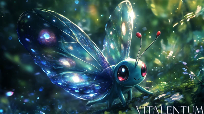 Bioluminescent butterfly creature in stylized forest scene.