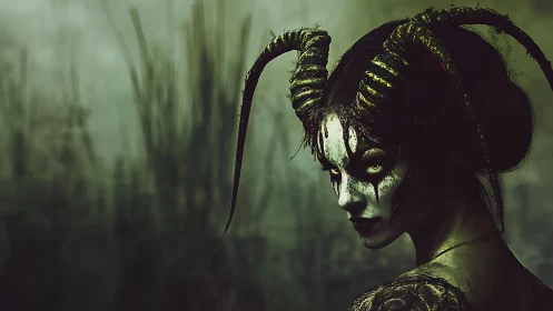 Horned humanoid figure stands in a dim, foggy environment