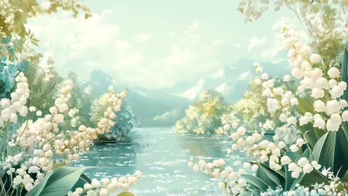 Pastel mountain lake framed by luminous lily of the valley blooms