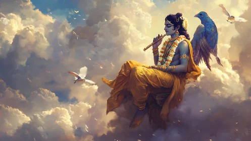 Divine flute player floats in radiant, dreamlike clouds
