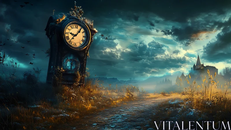 Ancient clocktower tilts over a misty path at twilight.