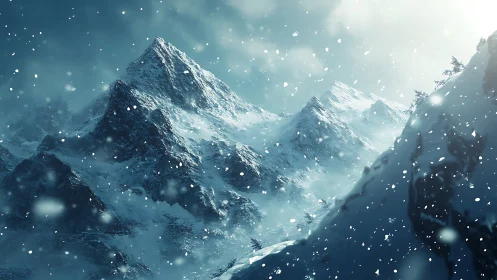Icy alpine peaks under blizzard light in winter dawn.