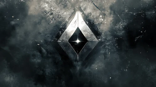 Prismatic void crystal emblem amid stormy cosmic haze.