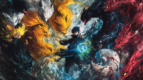 Central ninja channels energy amid circling elemental beasts