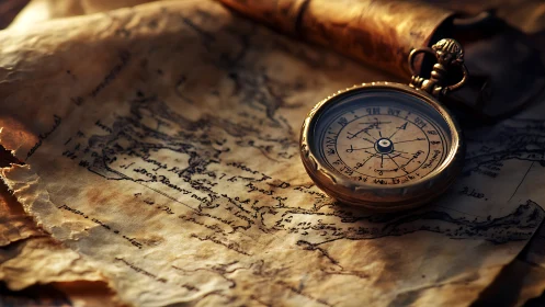 Antique brass compass crowns a sunlit, timeworn treasure map.