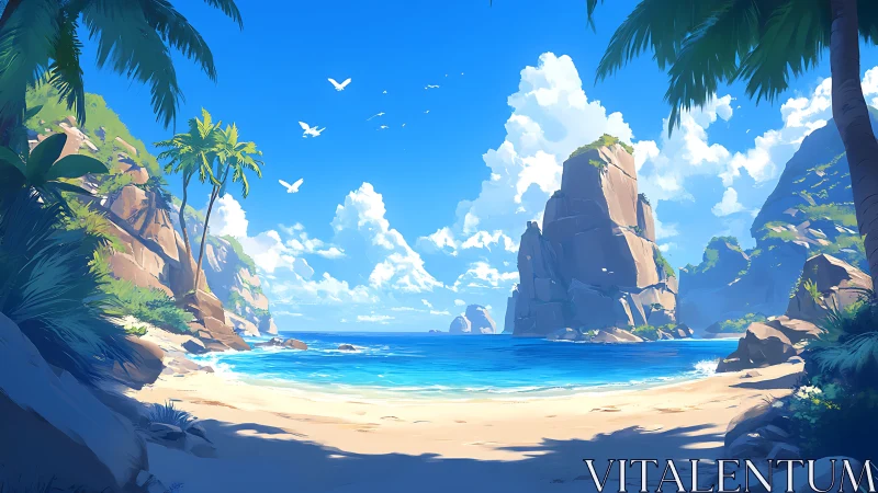 Tropical Cove with Monolithic Rock Formations Under Clear Sky