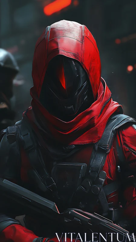 Crimson visor sentinel stalking neon alleys between wars.