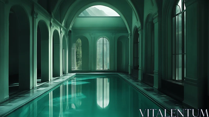 Emerald-lit indoor pool beneath arched classical vaults.
