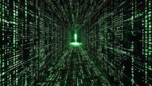 Neon code corridor stretches toward a lone digital wanderer