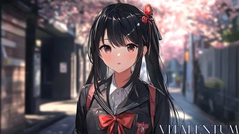 Softly lit anime schoolgirl beneath blooming cherry trees.