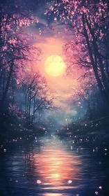 Moonlit cherry blossom river glows in soft pastel twilight.