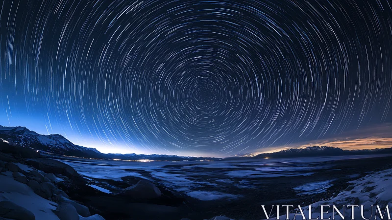Spiraling star trails swirl above a frozen mountain shoreline
