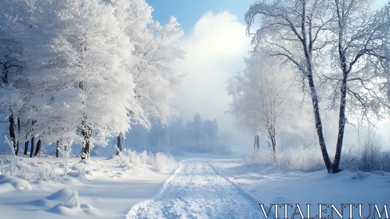 Snowy forest path glows softly beneath a pale winter sky