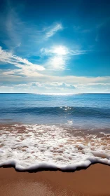 Sunlit shoreline shows gentle waves rolling onto sandy beach