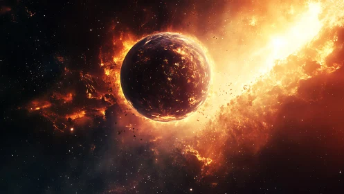 Planet-sized sphere burns amid bright orange cosmic fire