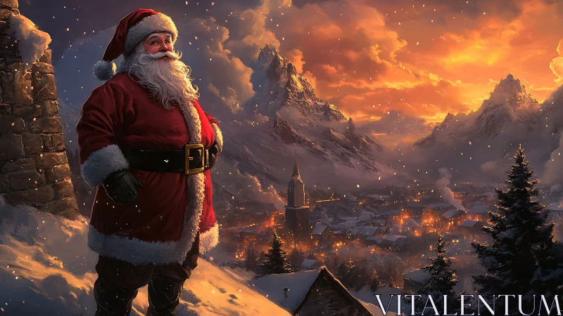Santa Claus overlooks a snowbound alpine town at glowing dusk