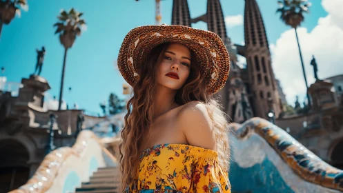 Sunlit traveler in floral dress before Gaud&iacute; architecture.
