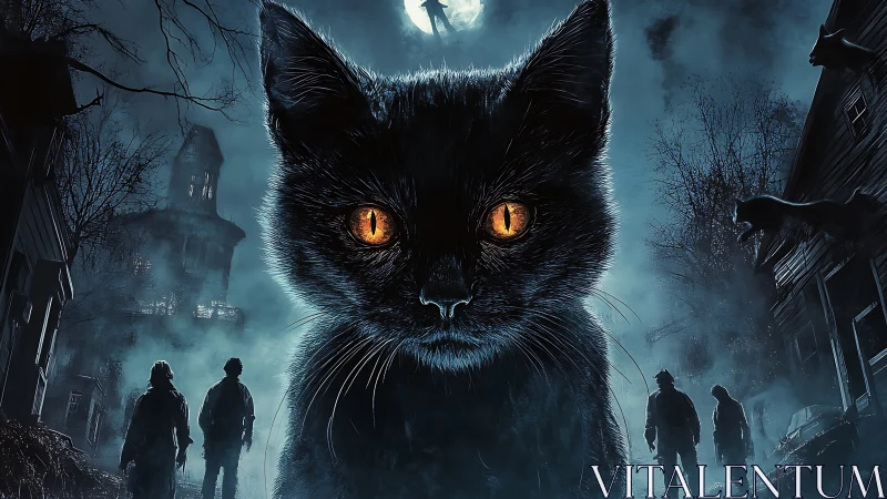 Large black cat with amber eyes positioned in urban nocturnal setting.