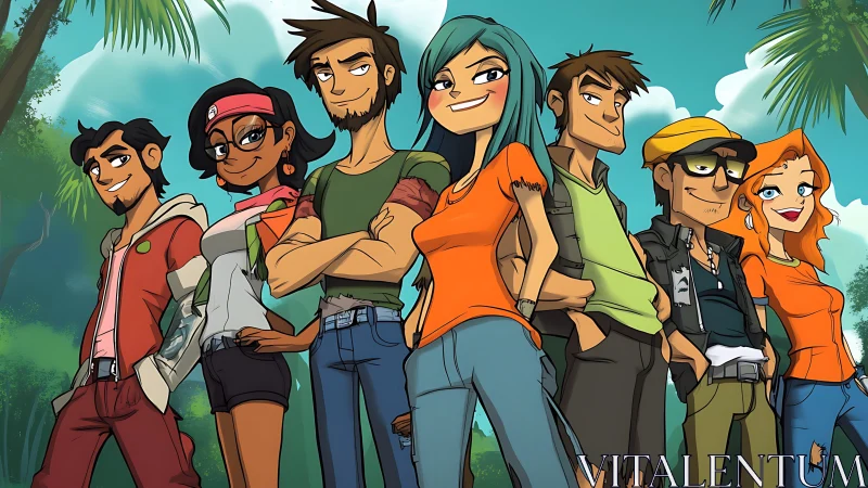 Group of stylized cartoon characters stands in jungle clearing