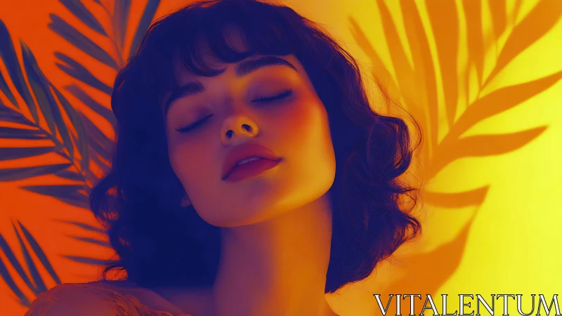 Sunlit portrait with tropical leaf shadows and warm glow.