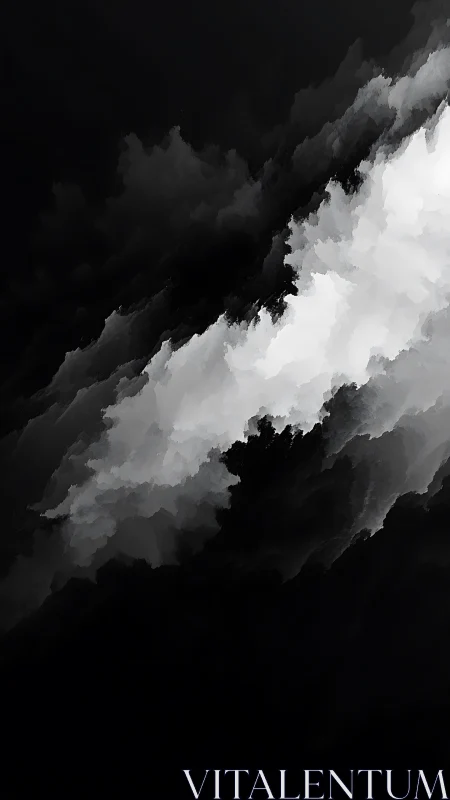 Monochrome diagonal cloud-like abstraction on black field.