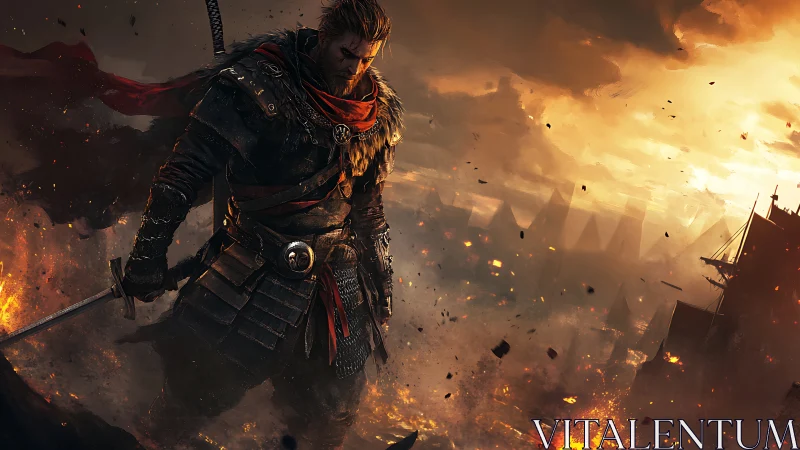 Ember-lit warrior amid burning city ruins at dusk.