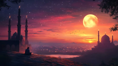 Silhouetted mosques and observer under full moon skyline.
