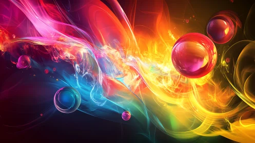 Prismatic energy ribbons with luminous glass orbs in motion.