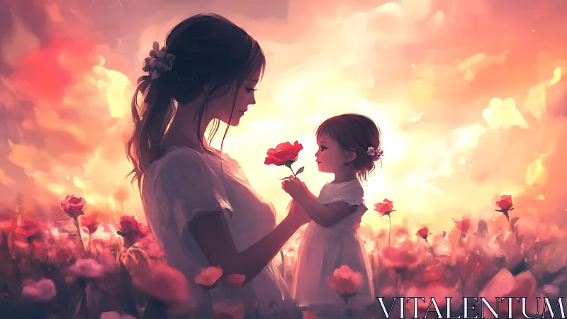 Mother and Child in Rose Field at Golden Sunset