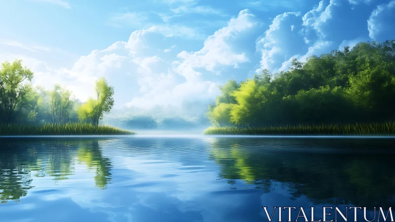 Sunlit lake shoreline reflects lush forest under calm sky