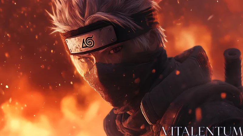 Masked silver-haired ninja framed by blazing orange embers.