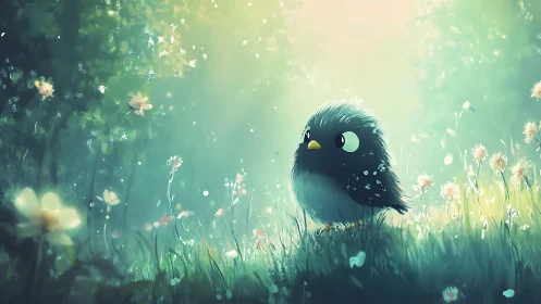 Bright-eyed forest puffbird bathing in dreamy morning glow.