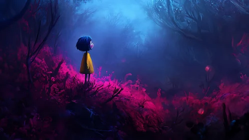 Digital painting of child in bioluminescent forest voidscape.